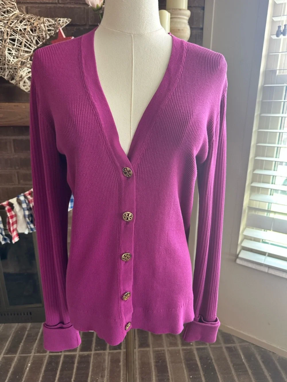 Tory Burch 100% Cotton Ribbed Knit Cardigan Magenta  L Gold Logo Buttons Preppy